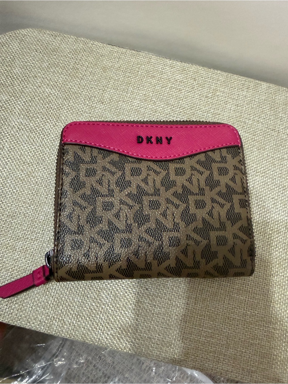 DKNY Brown Monogram Zip Card Holder with Pink Trim